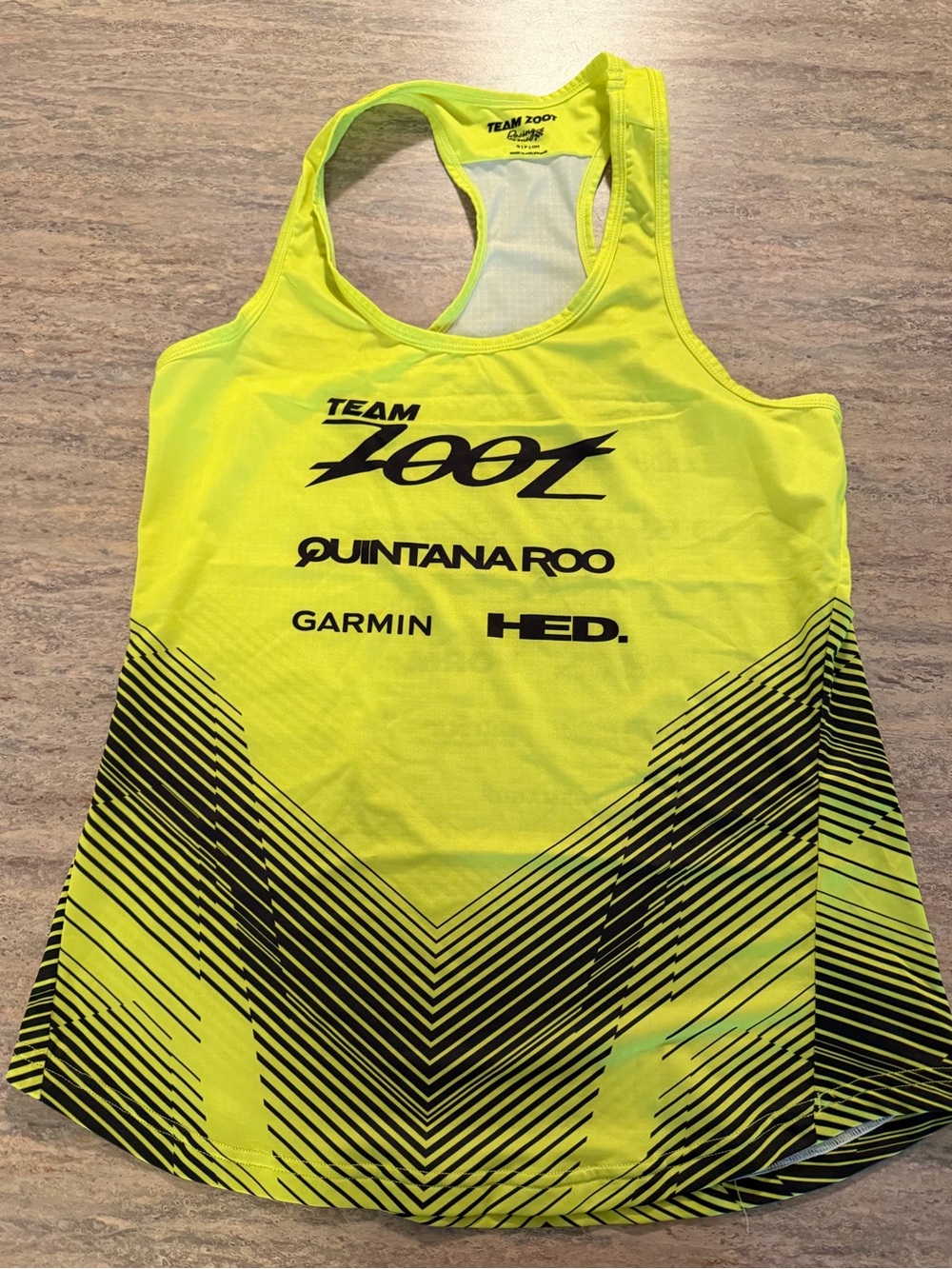 Zoot Neon Yellow Racerback Logo Tank with Black Chevron Accents